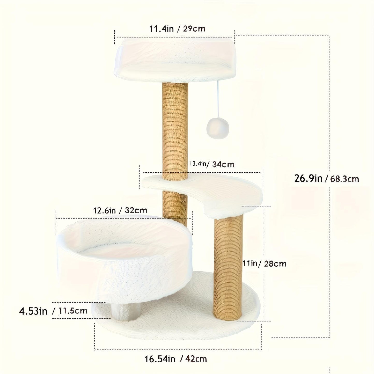 Multi-layer White Grey Cat Tree With Scratching Post And Interactive Ball