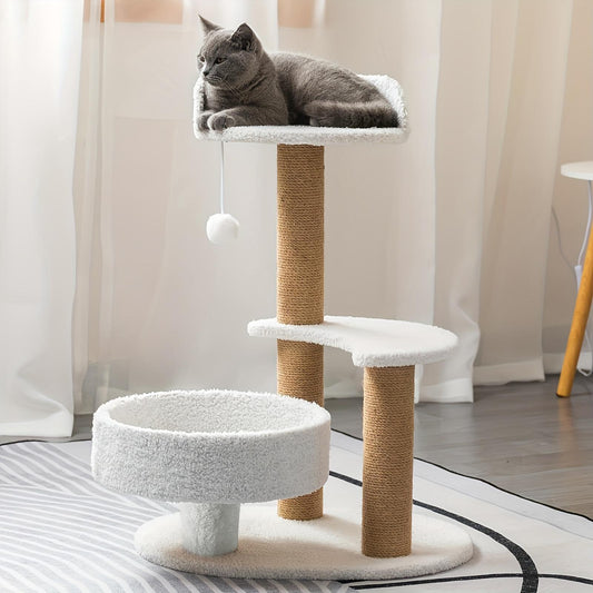 Multi-layer White Grey Cat Tree With Scratching Post And Interactive Ball