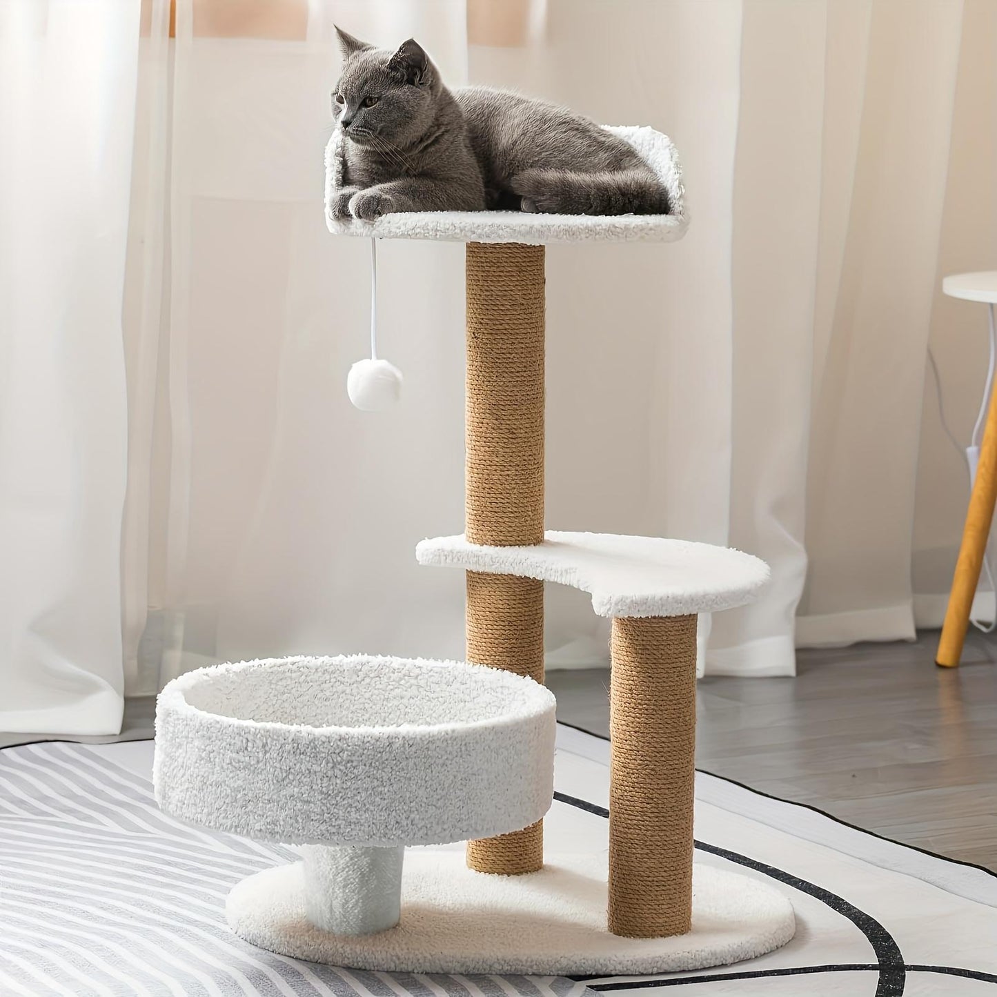 Multi-layer White Grey Cat Tree With Scratching Post And Interactive Ball