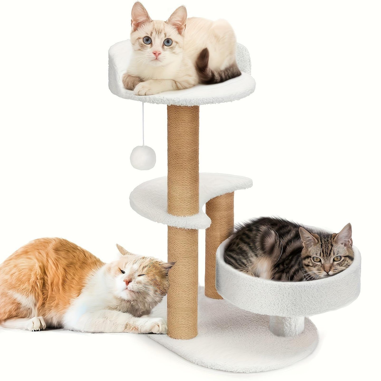 Multi-layer White Grey Cat Tree With Scratching Post And Interactive Ball